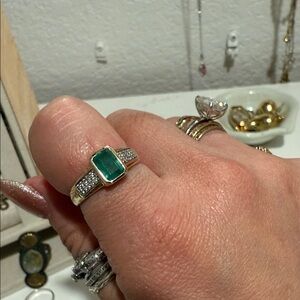 Emerald and Zircon Ring Solid 10k gold Sz 7